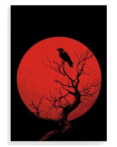 Raven Silhouette Against Red Moon