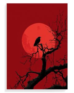 Raven Silhouette Against Red Moon